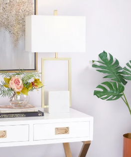 COSMOLIVING BY COSMOPOLITAN GOLD MARBLE TABLE LAMP WITH SQUARE SHADE, 15" X 9" X 27"