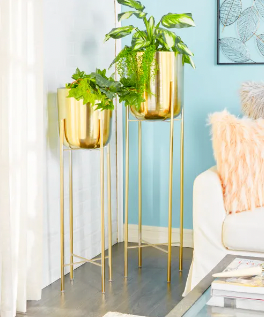 COSMOLIVING BY COSMOPOLITAN GOLD METAL TALL INDOOR OUTDOOR DOME PLANTER WITH REMOVABLE STAND, SET OF 2 39", 46"H