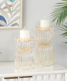 COSMOLIVING BY COSMOPOLITAN GOLD METAL PILLAR CANDLE HOLDER, SET OF 2 13", 10"H