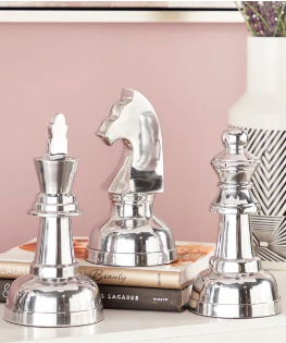 COSMOLIVING BY COSMOPOLITAN SILVER ALUMINUM CHESS SCULPTURE WITH KNIGHT, QUEEN AND KING, SET OF 3 4"W, 9"H