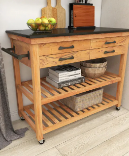 BROWN WOOD ROLLING 4 DRAWERS AND 2 SHELVES KITCHEN CART WITH HANDLE, 46" X 21" X 36"