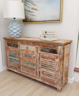 DARK BROWN RECLAIMED WOOD 6 DRAWERS 1 SHELF AND 2 DOORS CABINET, 60" X 16" X 34"